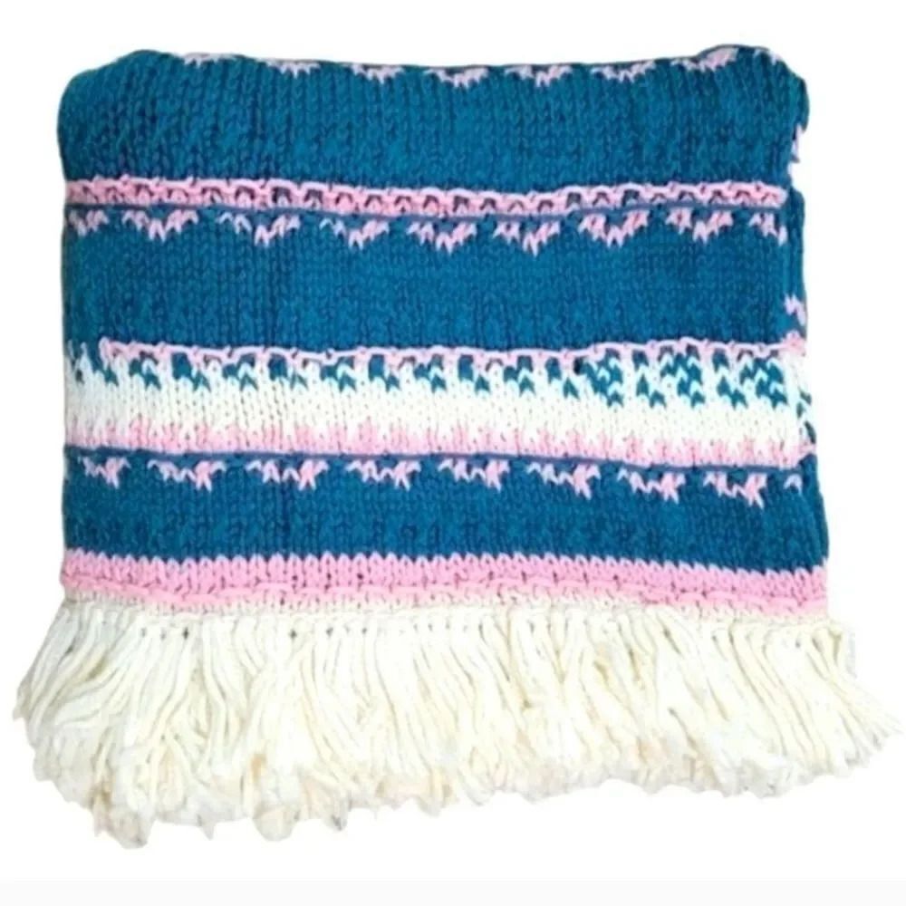 Vintage Handcrafted 80s Dark Teal/Pink Grandma Crochet Knit Afghan Throw Blanket